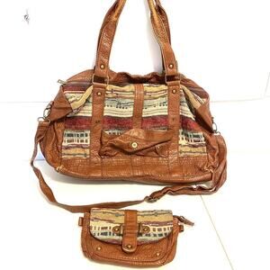 VTG Y2K 2000s UnderOneSky Brown Faux Leather Tapestry Travel Weekend Bags Set2